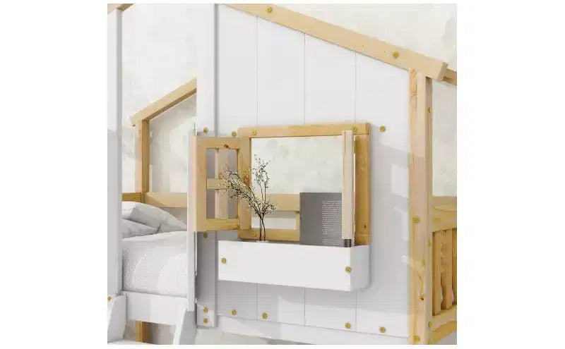 Bellemave Lit Superposé Maison Jumeau sur Jumeau pour Enfants avec Toit, Barrières de Sécurité et Échelle, Lit Superposé en Pin avec Fenêtre et Porte, Montage Facile