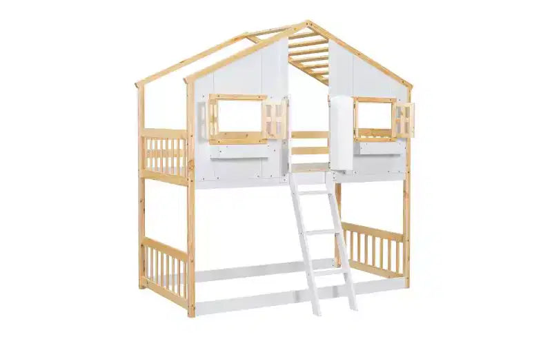 Bellemave Lit Superposé Maison Jumeau sur Jumeau pour Enfants avec Toit, Barrières de Sécurité et Échelle, Lit Superposé en Pin avec Fenêtre et Porte, Montage Facile