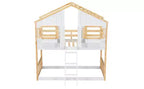 Bellemave Lit Superposé Maison Jumeau sur Jumeau pour Enfants avec Toit, Barrières de Sécurité et Échelle, Lit Superposé en Pin avec Fenêtre et Porte, Montage Facile