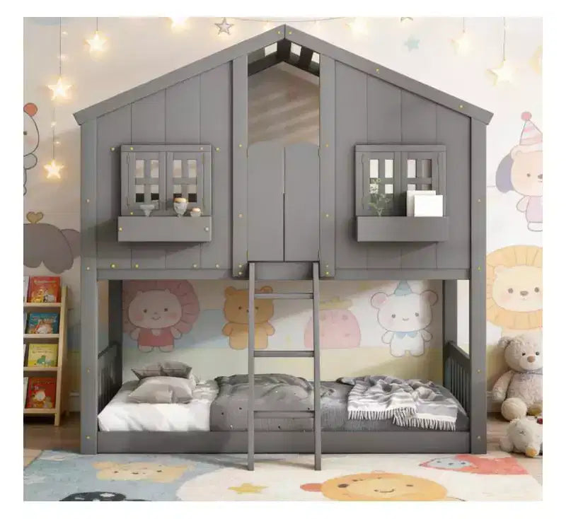Bellemave Lit Superposé Maison Jumeau sur Jumeau pour Enfants avec Toit, Barrières de Sécurité et Échelle, Lit Superposé en Pin avec Fenêtre et Porte, Montage Facile