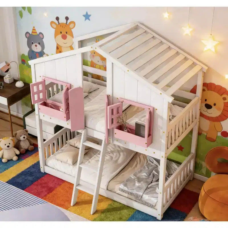 Bellemave Lit Superposé Maison Jumeau sur Jumeau pour Enfants avec Toit, Barrières de Sécurité et Échelle, Lit Superposé en Pin avec Fenêtre et Porte, Montage Facile