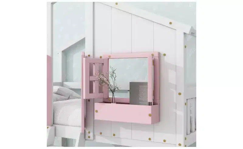 Bellemave Lit Superposé Maison Jumeau sur Jumeau pour Enfants avec Toit, Barrières de Sécurité et Échelle, Lit Superposé en Pin avec Fenêtre et Porte, Montage Facile