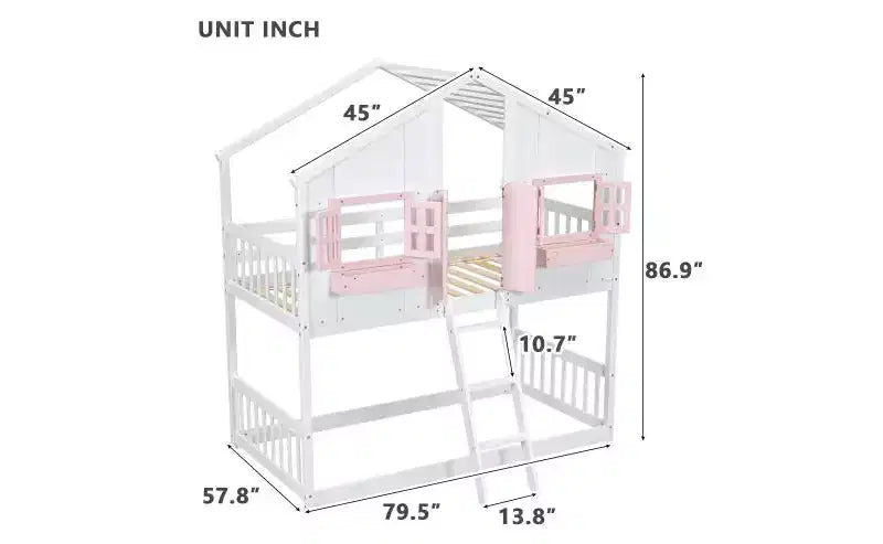 Bellemave Lit Superposé Maison Jumeau sur Jumeau pour Enfants avec Toit, Barrières de Sécurité et Échelle, Lit Superposé en Pin avec Fenêtre et Porte, Montage Facile