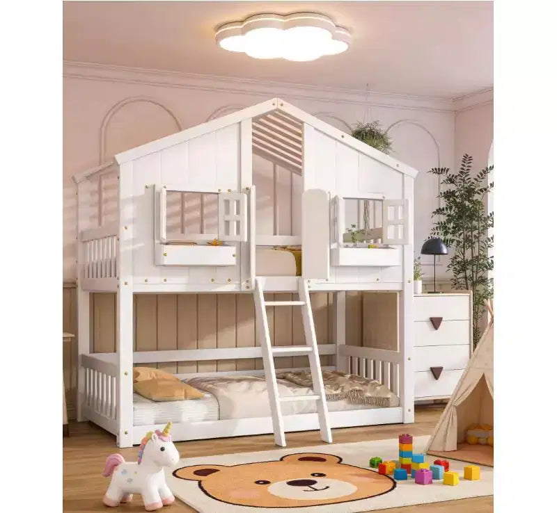 Bellemave Lit Superposé Maison Jumeau sur Jumeau pour Enfants avec Toit, Barrières de Sécurité et Échelle, Lit Superposé en Pin avec Fenêtre et Porte, Montage Facile