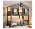 Bellemave Lit Superposé Maison Jumeau sur Jumeau pour Enfants avec Toit, Barrières de Sécurité et Échelle, Lit Superposé en Pin avec Fenêtre et Porte, Montage Facile