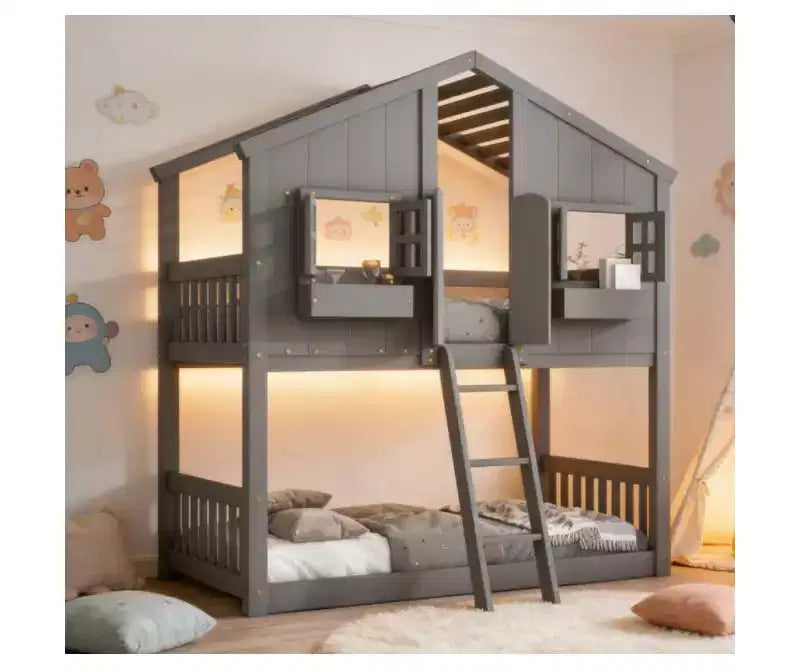 Bellemave Lit Superposé Maison Jumeau sur Jumeau pour Enfants avec Toit, Barrières de Sécurité et Échelle, Lit Superposé en Pin avec Fenêtre et Porte, Montage Facile