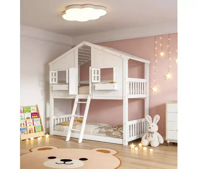 Bellemave Lit Superposé Maison Jumeau sur Jumeau pour Enfants avec Toit, Barrières de Sécurité et Échelle, Lit Superposé en Pin avec Fenêtre et Porte, Montage Facile