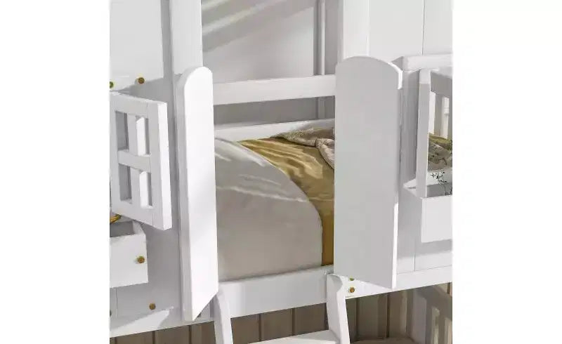 Bellemave Lit Superposé Maison Jumeau sur Jumeau pour Enfants avec Toit, Barrières de Sécurité et Échelle, Lit Superposé en Pin avec Fenêtre et Porte, Montage Facile