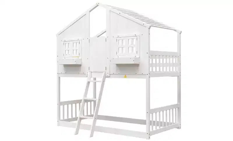 Bellemave Lit Superposé Maison Jumeau sur Jumeau pour Enfants avec Toit, Barrières de Sécurité et Échelle, Lit Superposé en Pin avec Fenêtre et Porte, Montage Facile