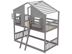 Bellemave Lit Superposé Maison Jumeau sur Jumeau pour Enfants avec Toit, Barrières de Sécurité et Échelle, Lit Superposé en Pin avec Fenêtre et Porte, Montage Facile