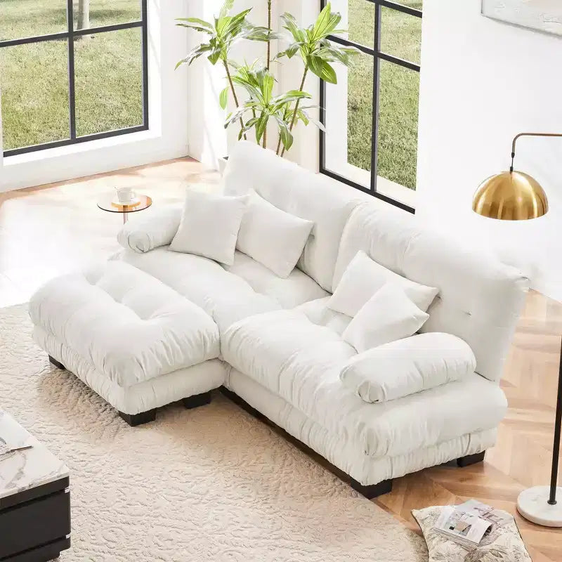 Canapé modulable MAYEERTY Cloud avec 2 places, 2 coussins lombaires, 2 coussins décoratifs, accoudoir large rembourré, pouf convertible pour salon, blanc