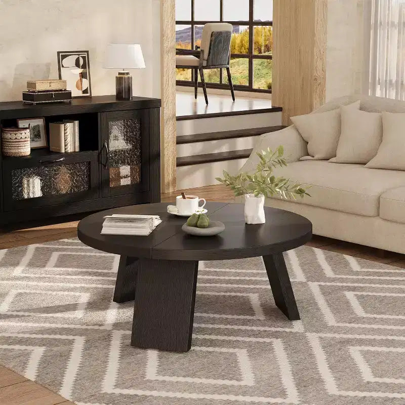 Table basse ronde 33,5 avec pieds inclinés - Table d'appoint vintage aspect bois pour salon et chambre