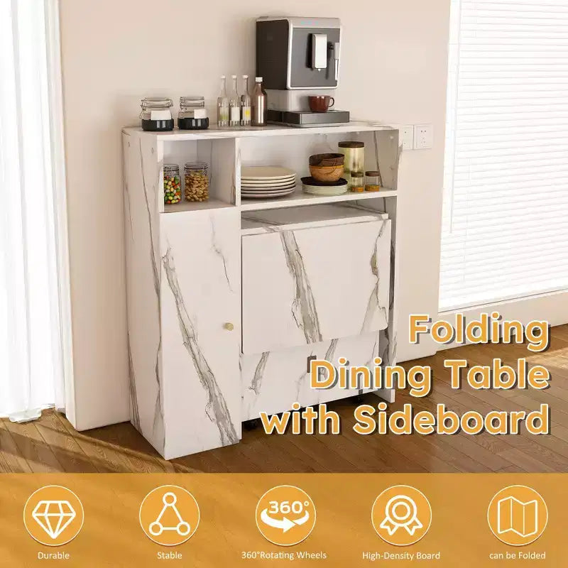 JVNOXK Table de salle à manger pliante multifonctionnelle avec armoire latérale murale et espace de rangement avec prises électriques, idéale pour les appartements compacts, blanc