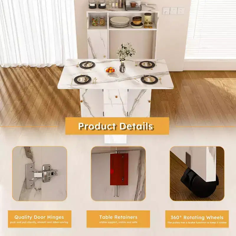 JVNOXK Table de salle à manger pliante multifonctionnelle avec armoire latérale murale et espace de rangement avec prises électriques, idéale pour les appartements compacts, blanc
