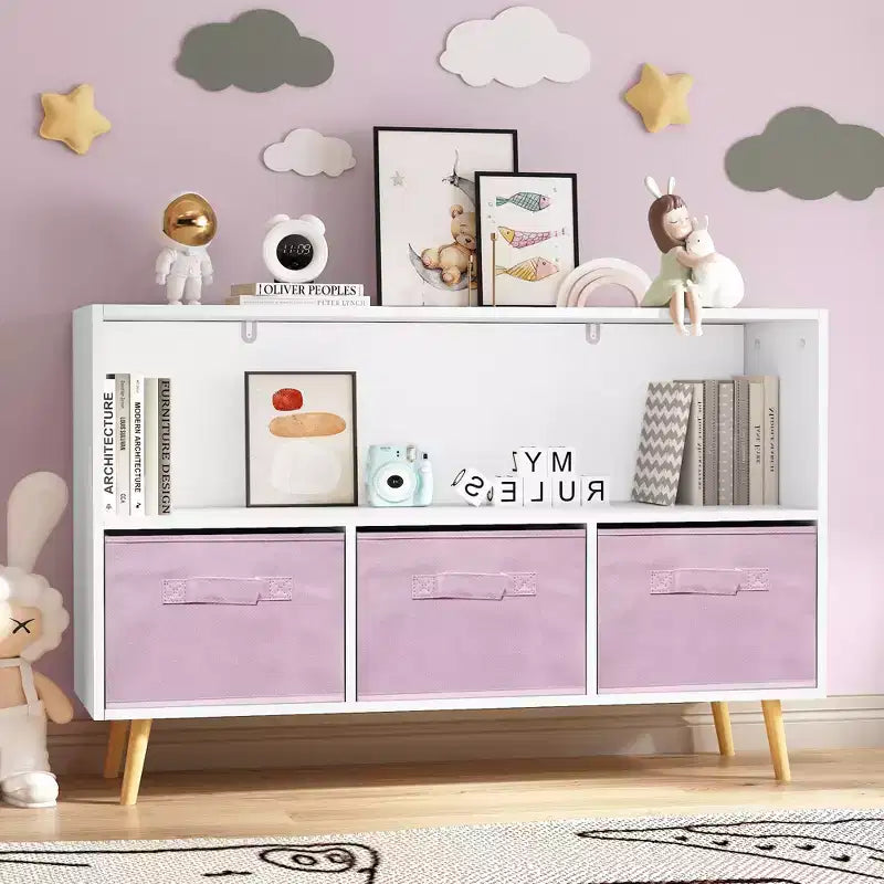 Bibliothèque pour enfants avec tiroirs en tissu pliables, présentoir de livres pour enfants, meuble de rangement de jouets, blanc/rose