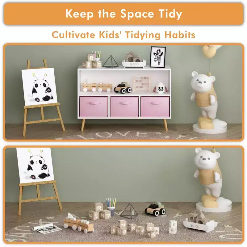 Bibliothèque pour enfants avec tiroirs en tissu pliables, présentoir de livres pour enfants, meuble de rangement de jouets, blanc/rose
