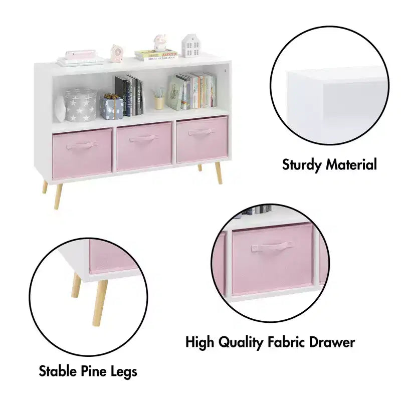 Bibliothèque pour enfants avec tiroirs en tissu pliables, présentoir de livres pour enfants, meuble de rangement de jouets, blanc/rose