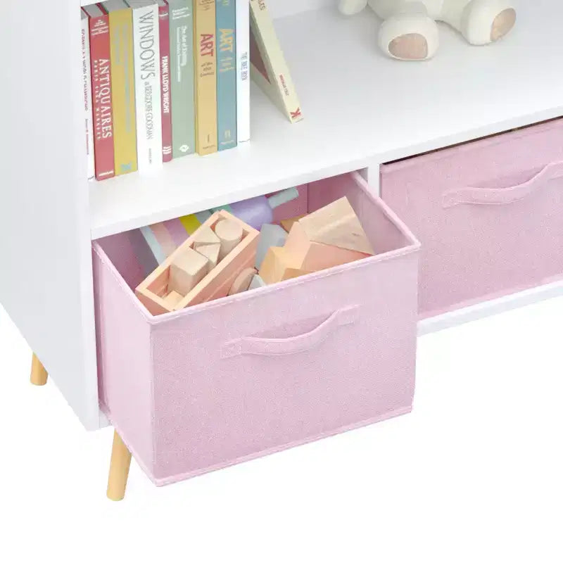 Bibliothèque pour enfants avec tiroirs en tissu pliables, présentoir de livres pour enfants, meuble de rangement de jouets, blanc/rose