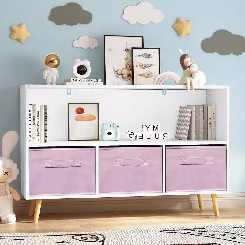 Bibliothèque pour enfants avec tiroirs en tissu pliables, présentoir de livres pour enfants, meuble de rangement de jouets, blanc/rose