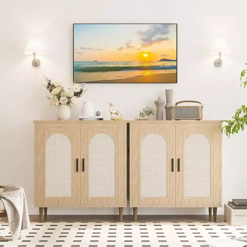 Meuble de buffet en rotin avec rangement, buffet avec 2 portes et étagères réglables, placard en bois bohème