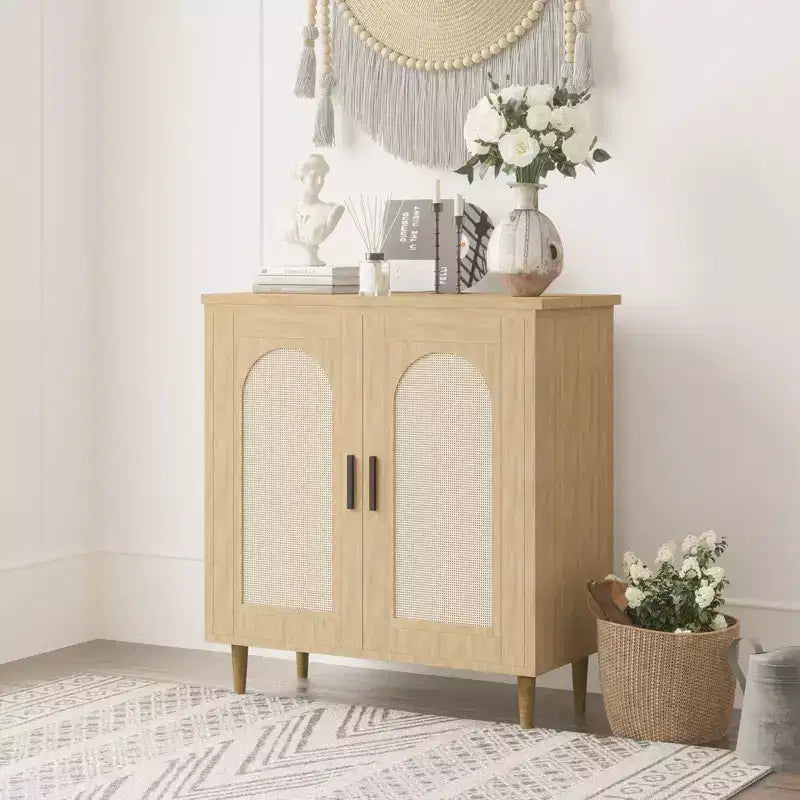 Meuble de buffet en rotin avec rangement, buffet avec 2 portes et étagères réglables, placard en bois bohème