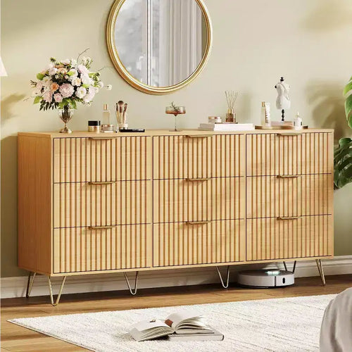 9-Drawer Fluted Dresser, Wooden Storage Chest with Metal Handles for Living Room, Natural Wood