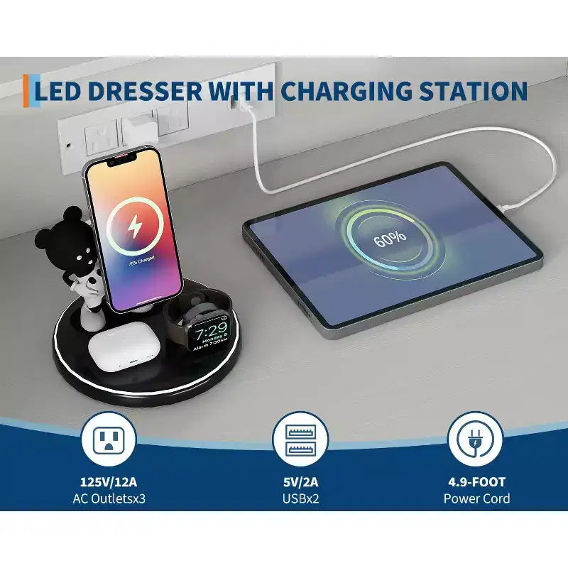 Commode haute en bois à 9 tiroirs, avec lumière RGB contrôlée par application et station de charge pour salon, blanche
