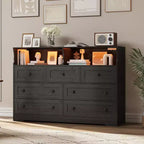 Commode en bois à 7 tiroirs, avec 2 compartiments ouverts et lumières LED pour chambre et salon, noir