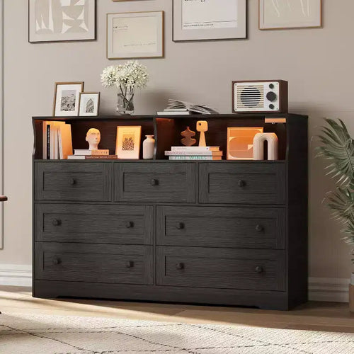 Commode en bois à 7 tiroirs, avec 2 compartiments ouverts et lumières LED pour chambre et salon, noir