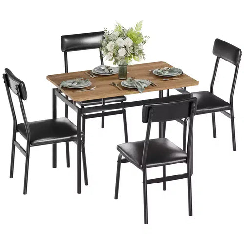 5-Piece Industrial Dining Set, Small Table with PU Padded Chairs for Space Saving Kitchen, Black & Brown