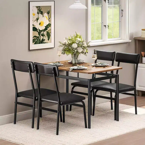 Ensemble de salle à manger industriel 5 pièces, petite table avec chaises rembourrées en PU pour cuisine peu encombrante, noir et marron