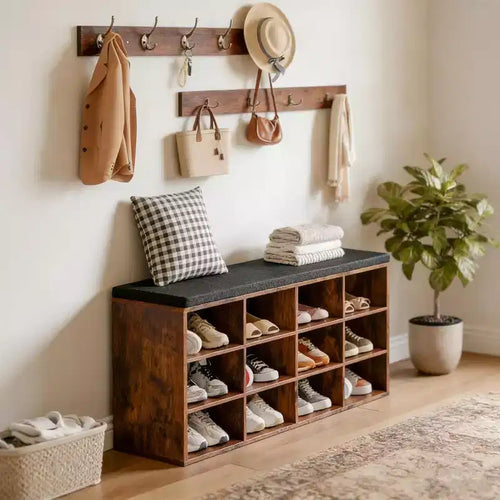 Banc de rangement pour chaussures ACOINEL avec coussin, banc d'entrée de 100 cm (39,4 po) avec 12 compartiments, arbre de vestibule et porte-manteau, capacité de 150 kg (330 lb)