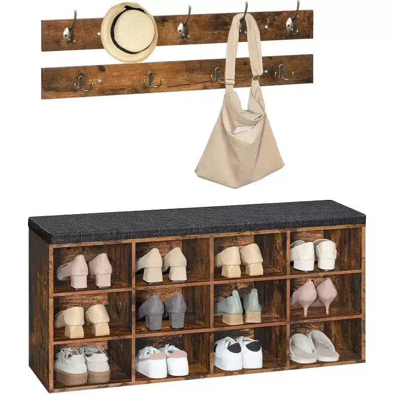 Banc de rangement pour chaussures ACOINEL avec coussin, banc d'entrée de 100 cm (39,4 po) avec 12 compartiments, arbre de vestibule et porte-manteau, capacité de 150 kg (330 lb)