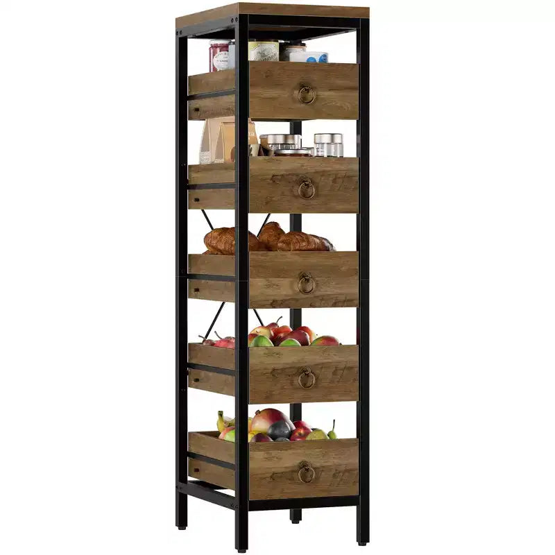 Étagère de rangement métallique fine à 5 niveaux avec tiroirs coulissants, étagère organisatrice pour espaces étroits pour la cuisine, le garde-manger, la salle de bain et la maison