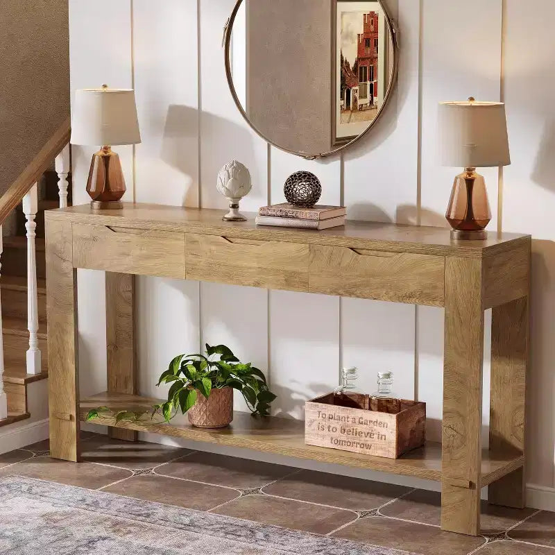 Console longue Lantine avec 3 tiroirs, table de canapé de 170 cm avec étagère de rangement, table d'entrée étroite de style rustique pour hall d'entrée, marron
