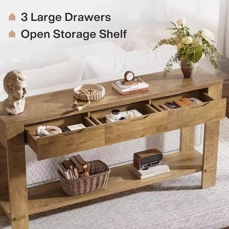 Console longue Lantine avec 3 tiroirs, table de canapé de 170 cm avec étagère de rangement, table d'entrée étroite de style rustique pour hall d'entrée, marron