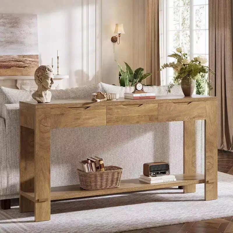 Console longue Lantine avec 3 tiroirs, table de canapé de 170 cm avec étagère de rangement, table d'entrée étroite de style rustique pour hall d'entrée, marron