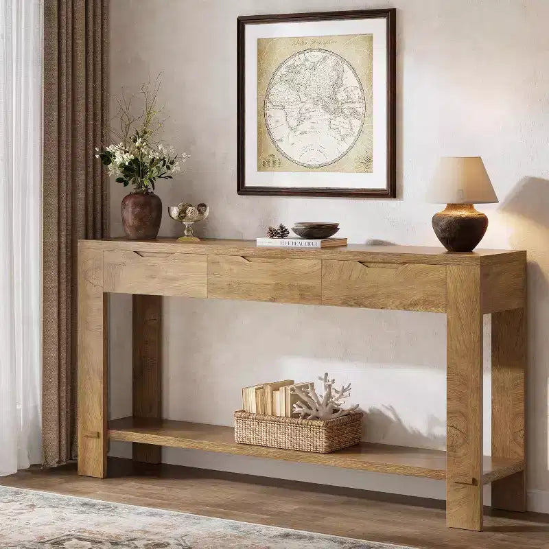 Console longue Lantine avec 3 tiroirs, table de canapé de 170 cm avec étagère de rangement, table d'entrée étroite de style rustique pour hall d'entrée, marron
