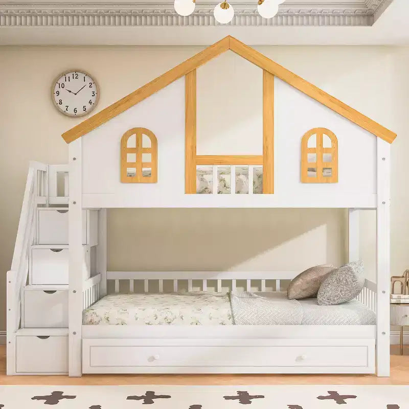 GDF Studio Albright Wooden House Roof Bunk Bed with Storage Staircase and Trundle