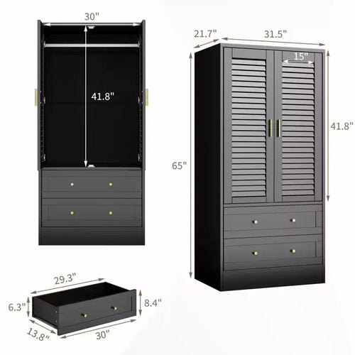 Armoire penderie à persiennes de 165 cm, Meuble de rangement en bois avec 2 portes et 2 tiroirs, Armoire de chambre avec tringle de suspension