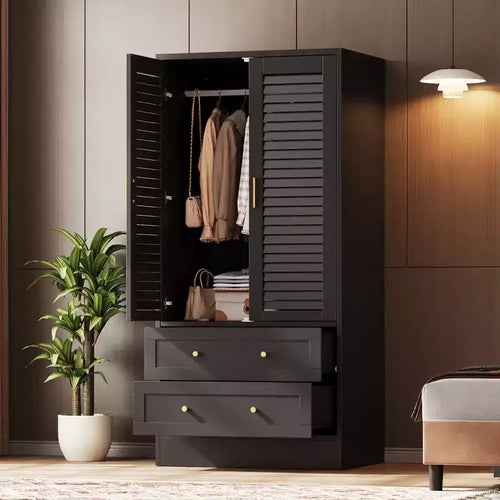 65 Louvered Armoire Wardrobe Closet, Wood Clothing Storage Cabinets with 2 Doors and 2 Drawers, Wardrobe Closet with Hanging Rod for Bedroom