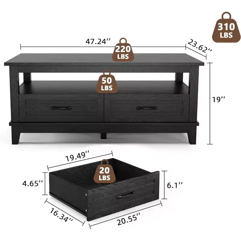 Table basse de ferme de 47 pouces, table basse rustique en bois avec 2 tiroirs de rangement et étagère ouverte, tables rectangulaires, salon