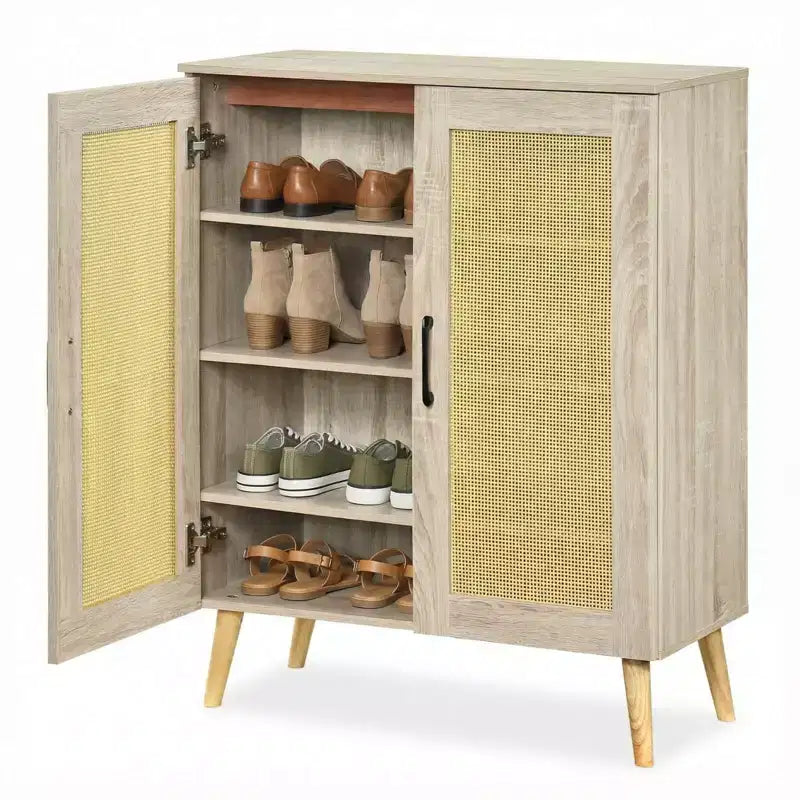 Meuble à chaussures en rotin Costway avec 3 étagères amovibles, meuble étroit à 5 niveaux pieds en bois, Noyer/Naturel