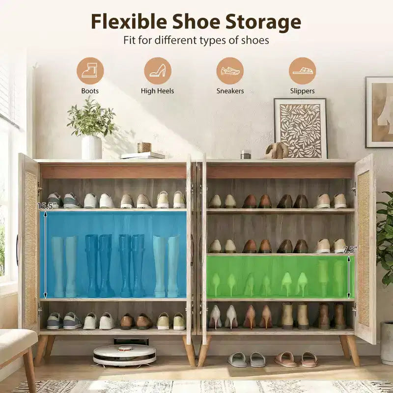 Meuble à chaussures en rotin Costway avec 3 étagères amovibles, meuble étroit à 5 niveaux pieds en bois, Noyer/Naturel