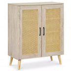 Costway Rattan Shoe Cabinet with 3 Removable Shelves,5-Tier Narrow Cabinet Wood Legs, Walnut/Natural
