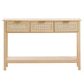 Rattan Console Table with 3 Drawers and Bottom Shelf Narrow Entryway Sofa Table 51.38 in Beige