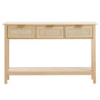 Rattan Console Table with 3 Drawers and Bottom Shelf Narrow Entryway Sofa Table 51.38 in Beige