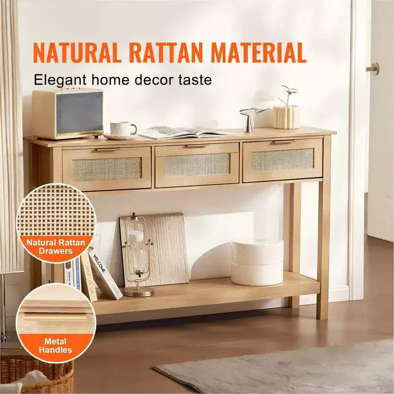 Console en rotin avec 3 tiroirs et étagère inférieure, table d'entrée étroite de 130,5 cm, beige