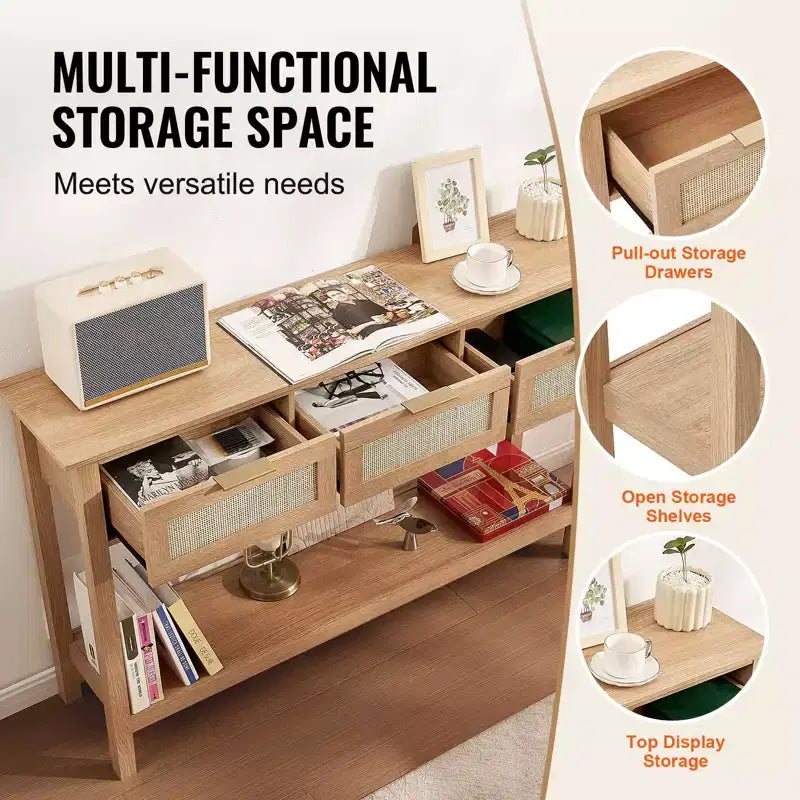 Console en rotin avec 3 tiroirs et étagère inférieure, table d'entrée étroite de 130,5 cm, beige