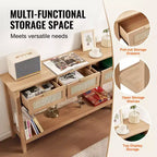 Console en rotin avec 3 tiroirs et étagère inférieure, table d'entrée étroite de 130,5 cm, beige